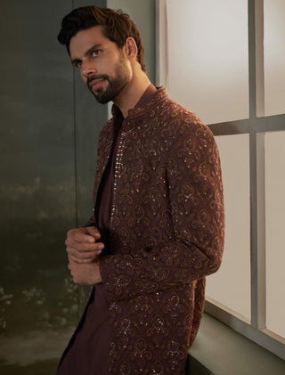 Nitika Gujral Men Chocolate Brown Embroidered Short Sherwani Jacket Set available on indiaspopup