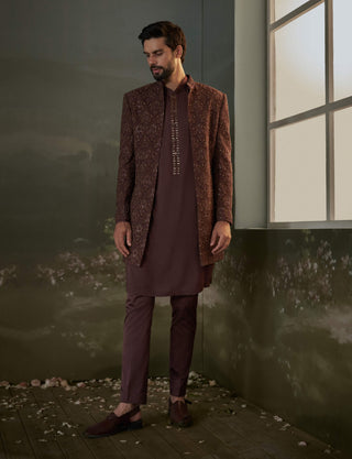 Nitika Gujral Men Chocolate Brown Embroidered Short Sherwani Jacket Set available on indiaspopup