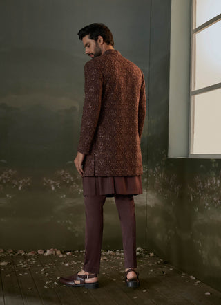 Nitika Gujral Men Chocolate Brown Embroidered Short Sherwani Jacket Set available on indiaspopup