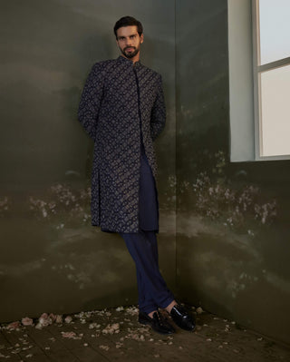 Nitika Gujral Men Navy Blue Embroidered Sherwani Set available on indiaspopup