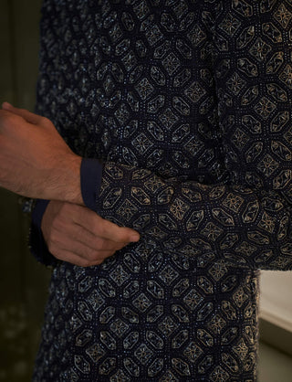 Nitika Gujral Men Navy Blue Embroidered Sherwani Set available on indiaspopup