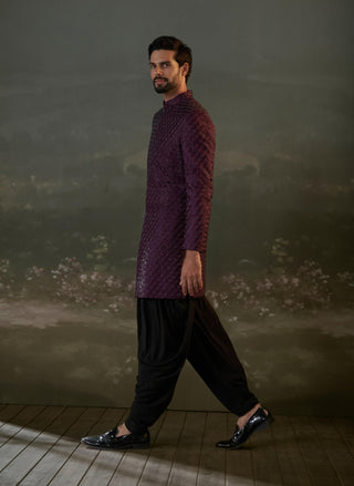 Nitika Gujral Men Purple Embroidered Sherwani Set available on indiaspopup