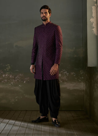 Nitika Gujral Men Purple Embroidered Sherwani Set available on indiaspopup