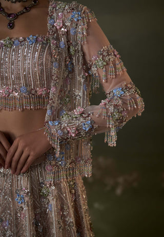 Nitika Gujral Peach Multicolor Lehenga And Jacket Set available on indiaspopup