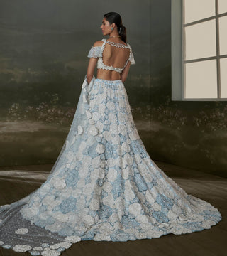 Nitika Gujral Powder Blue White Trail Lehenga Choli Set available on indiaspopup
