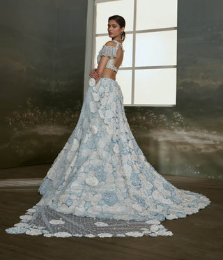 Nitika Gujral Powder Blue White Trail Lehenga Choli Set available on indiaspopup