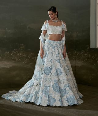 Nitika Gujral Powder Blue White Trail Lehenga Choli Set available on indiaspopup