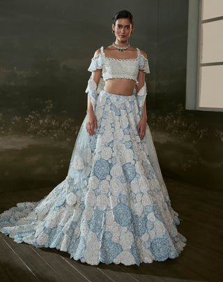Nitika Gujral Powder Blue White Trail Lehenga Choli Set available on indiaspopup