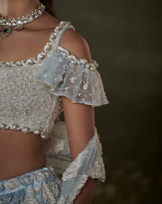 Nitika Gujral Powder Blue White Trail Lehenga Choli Set available on indiaspopup