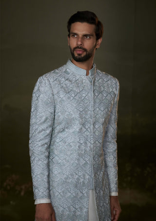 Nitika Gujral Men Blue Embroidered Raw Silk Sherwani Set available on indiaspopup