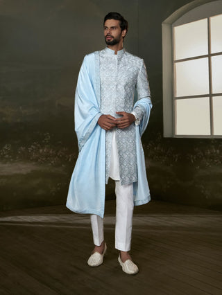 Nitika Gujral Men Blue Embroidered Raw Silk Sherwani Set available on indiaspopup