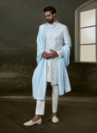 Nitika Gujral Men Blue Embroidered Raw Silk Sherwani Set available on indiaspopup