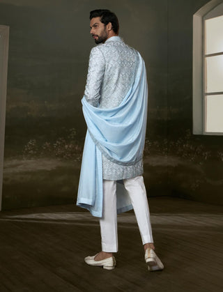 Nitika Gujral Men Blue Embroidered Raw Silk Sherwani Set available on indiaspopup
