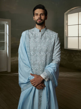 Nitika Gujral Men Blue Embroidered Raw Silk Sherwani Set available on indiaspopup