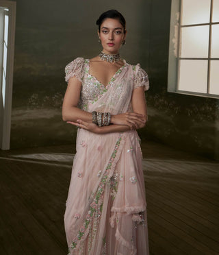 Nitika Gujral Rose Pink Pre-Draped Sari Set available on indiaspopup