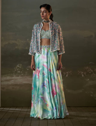 Nitika Gujral Turquoise Printed Lehenga And Jacket Set available on indiaspopup