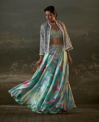 Nitika Gujral Turquoise Printed Lehenga And Jacket Set available on indiaspopup