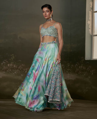 Nitika Gujral Turquoise Printed Lehenga And Jacket Set available on indiaspopup