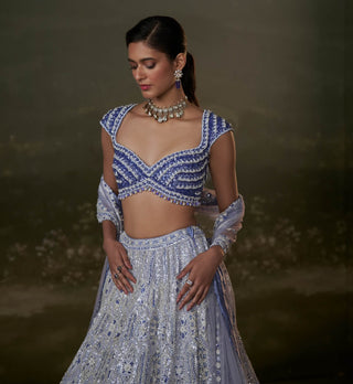Nitika Gujral Ink Blue Embroidered Lehenga Choli Set available on indiaspopup