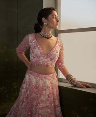 Nitika Gujral Blush Pink Net Lehenga Choli Set available on indiaspopup