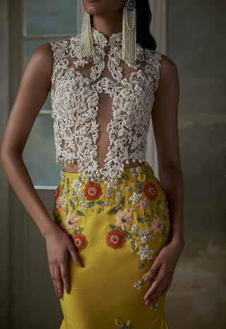 Nitika Gujral Yellow Skirt And Ivory Corset Top available on indiaspopup
