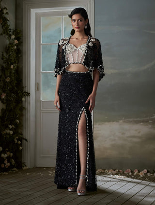 Nitika Gujral Black Slit Skirt With Jacket And Ivory Corset available on indiaspopup