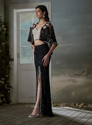 Nitika Gujral Black Slit Skirt With Jacket And Ivory Corset available on indiaspopup