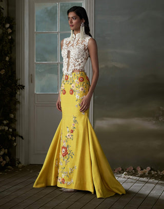 Nitika Gujral Yellow Skirt And Ivory Corset Top available on indiaspopup
