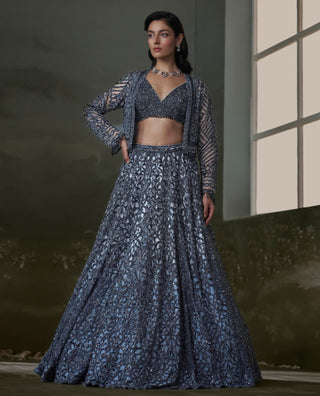 Nitika Gujral Stone Gray Lehenga And Jacket Set available on indiaspopup