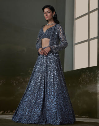 Nitika Gujral Stone Gray Lehenga And Jacket Set available on indiaspopup