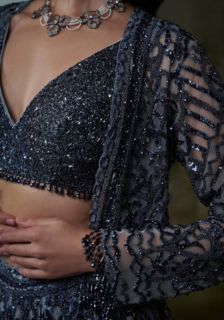 Nitika Gujral Stone Gray Lehenga And Jacket Set available on indiaspopup