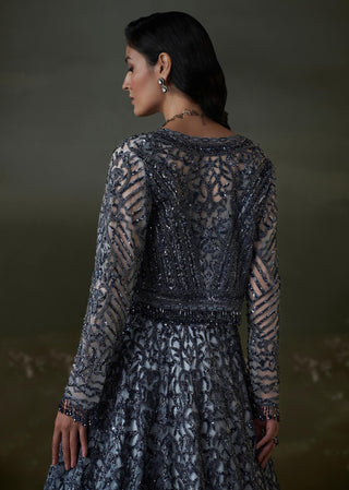 Nitika Gujral Stone Gray Lehenga And Jacket Set available on indiaspopup