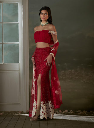 Nitika Gujral Red Skirt With Pleated Crop Top And Dupatta available on indiaspopup