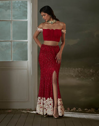 Nitika Gujral Red Skirt With Pleated Crop Top And Dupatta available on indiaspopup