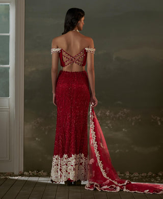 Nitika Gujral Red Skirt With Pleated Crop Top And Dupatta available on indiaspopup