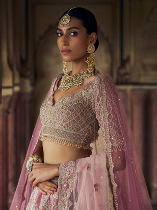 Blush Pink Velvet Lehenga Choli Set by Nitika Gujral available on Indiaspopup.com