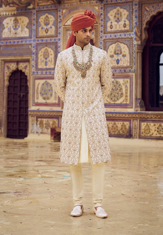 Light Beige Kasab Sherwani Set by Nitika Gujral Men available on Indiaspopup.com