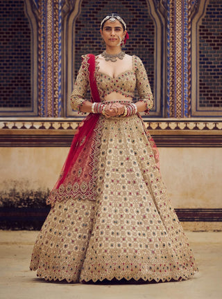 Gold Bridal Tissue Lehenga Choli Set by Nitika Gujral available on Indiaspopup.com