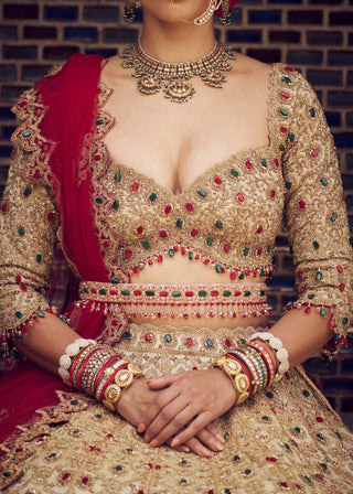 Gold Bridal Tissue Lehenga Choli Set by Nitika Gujral available on Indiaspopup.com