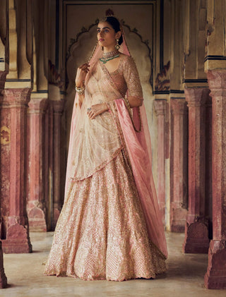 Peach Tulle Lehenga Choli Set by Nitika Gujral available on Indiaspopup.com