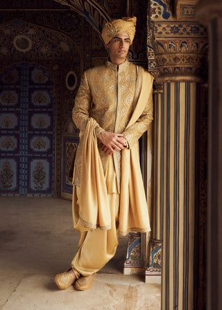 Gold Resham Short Sherwani Set by Nitika Gujral Men available on Indiaspopup.com