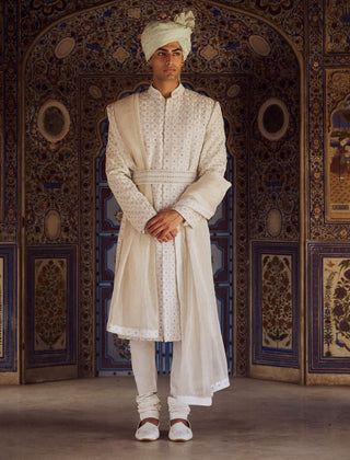 Ivory Geometric Sherwani Set by Nitika Gujral Men available on Indiaspopup.com