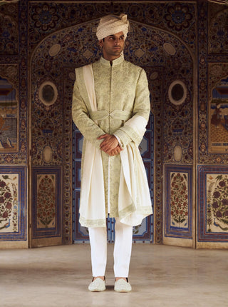Mint Green Resham Sherwani Set by Nitika Gujral Men available on Indiaspopup.com