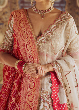 Ivory Organza Lehenga Choli Set by Nitika Gujral available on Indiaspopup.com