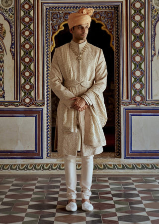 Mushroom Resham Embroidery Sherwani Set by Nitika Gujral Men available on Indiaspopup.com
