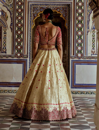 Gold Woven Benarsi Lehenga Set by Nitika Gujral available on Indiaspopup.com