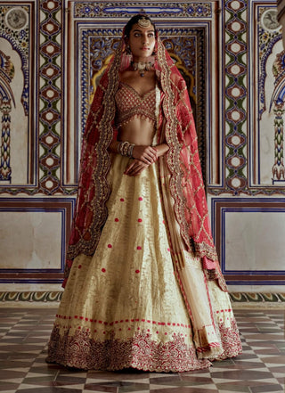 Gold Woven Benarsi Lehenga Set by Nitika Gujral available on Indiaspopup.com