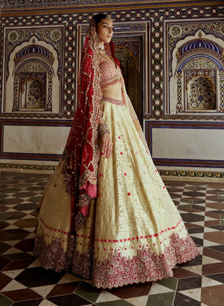 Gold Woven Benarsi Lehenga Set by Nitika Gujral available on Indiaspopup.com