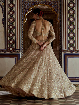 Champagne Gold Net Lehenga Choli Set by Nitika Gujral available on Indiaspopup.com