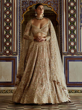 Champagne Gold Net Lehenga Choli Set by Nitika Gujral available on Indiaspopup.com